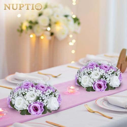 NUPTIO Flower Balls for Table Centerpieces: Purple & White Artificial Rose - Image 2