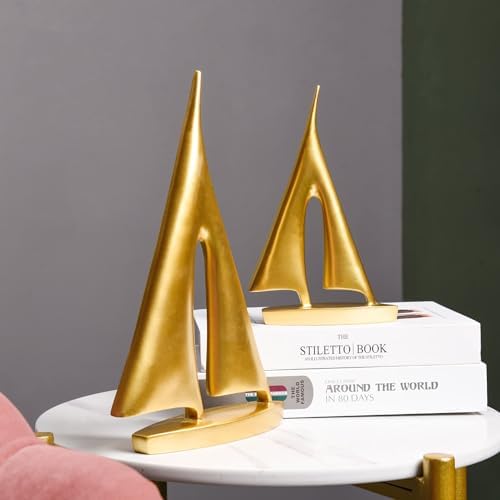 Modern Sculptures Home Decor, Gold Sailboat Decor Ornament, Boat Decorations Statue Decor, Art Sculptures and Statues, Sailboat Gifts Home Office Bathroom Shelf Decor Nautical Decor (2 Pack) - Image 4