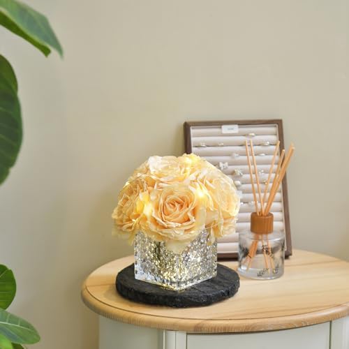 Silk Roses in Glass Vase with LED, Low Centerpiece for Table, Champagne - Image 2
