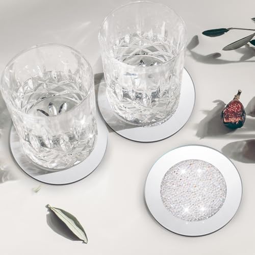 Jetec Mirrored Glass Coaster Set of 6 with 1 Holder 4" Crushed Diamond Round Cup Mat Glitter Crystal Rhinestone Glass Coaster Bling Table Decor for Bar Kitchen Gift for Christmas(White,4 Inch) - Image 6