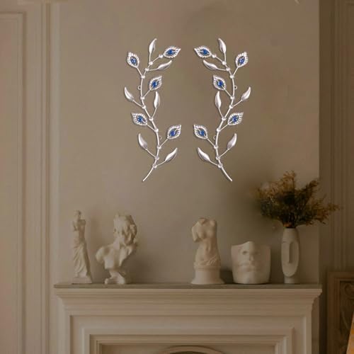 sxnzequnze 2 Set Metal Tree Leaf Wall Art for Home Decor Living Room Bedroom Dining Room Bling Rhinestone, 3D, Iron Branch Hanging Leaf Sculpture Art Pieces -Blue 16.5in*6.7in - Image 4
