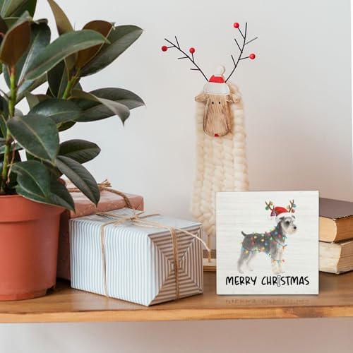 Schnauzer Merry Christmas Wooden Box Sign Desk Decor, Schnauzer Gifts, Christmas Dog Wood Block Sign for Home Bedroom Office Desk Table Shelf Wall Decorations, 5x5 Inch - Image 2