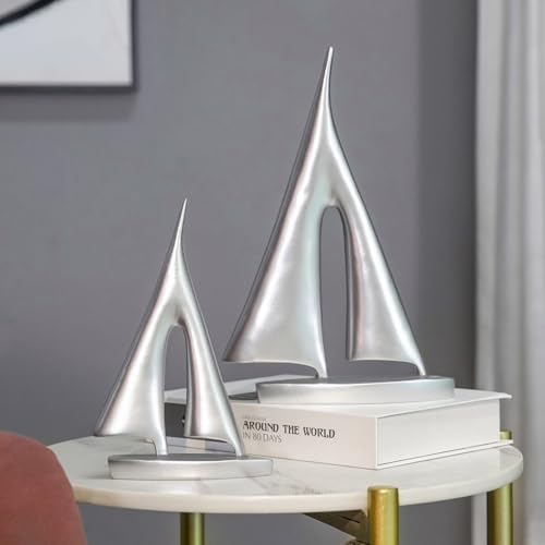 Modern Sculptures Home Decor, Silver Sailboat Decor Ornament, Boat Decorations Statue Decor, Art Sculptures and Statues, Sailboat Gifts Home Office Bathroom Shelf Decor Nautical Decor (2 Pack) - Image 6