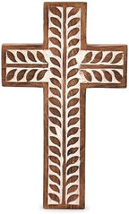 NIRMAN Mango Wood Religious Catholic Cross Wall Hanging Floral Carvings Living Room Home Décor for Entryway Office Living Room (10" x 6" x 0.75") by NIRMAN