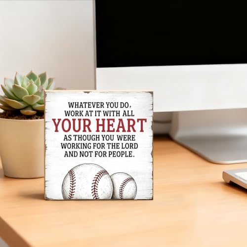 TOUNER Work At It With All Your Heart Wooden Box Sign Baseball Player Decor - Image 4