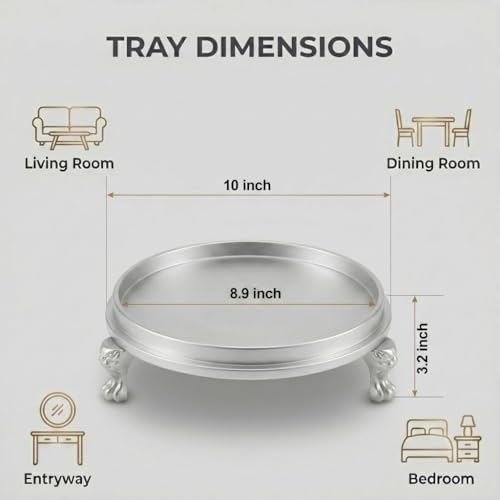 Matte Silver Decorative Tray, 11.8 Inch Round Tray with Claw Feet - Image 2