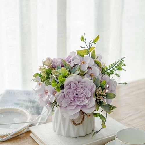 TKAS Artificial Flowers Fake Silk Flowers with Ceramics Vase Rose Bouquets Faux Floral Arrangements Plants Decoration for Table Centerpieces Home Office Wedding (Purple) by TKAS