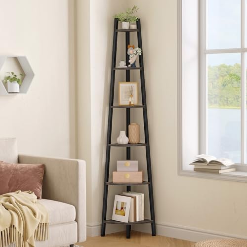 Hoctieon Corner Shelf, 6-Tier Corner Bookshelf, Rustic Ladder Shelf, Industrial Display Stand for Living Room, Kitchen, Home Office, Balcony, Small Space, Metal Frame, Grey by Hoctieon
