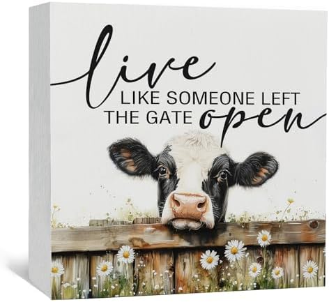 Cow Signs - Farm Cottagecore Animal Office Kitchen Bedroom Decor,Rustic Farmhouse Live like Someone Left the Gate Open Home Decor Wooden Signs,Cow Gifts for Women,8x8 by Nitelat
