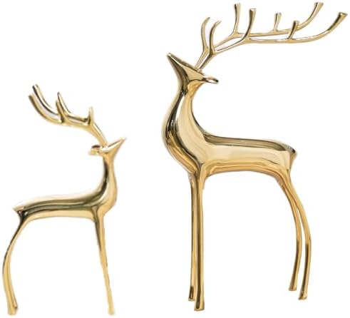 Reindeer Figurine Statues Deluxe Set of 2, Christmas Deer Pure Copper Heavy Reindeer Ornaments for Home Decor Accents Living Room Office Bookself Tabletop Mantle Christmas Decoration, Gold by YACSNBF