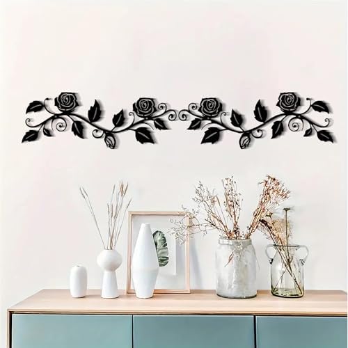 DUOOLN 2 Pcs Metal Rose Tree Leaf Wall Decor, Long Iron Scroll Vine Wall Art Above, Rustic Hanging Sign Flowers Sculpture, For Above Door Living Room Office Indoor And Outdoor Decoration - Black - Image 2