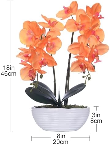 Large Artificial Orchid Arrangement in Oval Ribbed Ceramic Pot, Orange - Image 6