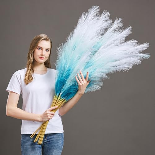 7 Pcs 45" Faux Pampas Grass – Fluffy Artificial Pompous Grass for Tall Floor Vase, Non-Shedding Home Decor, Boho Wedding Flowers, Baby Shower Centerpieces, Bedroom & Living Room Decor (Blue Gradient) by AuroraPrime