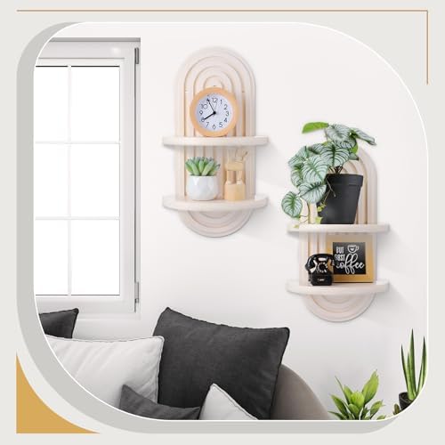 Wenqik 2 Pcs Boho Wall Shelf Rainbow Arch Wooden Floating Shelf, White - Image 2