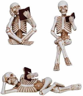 Dlfghos 3 Pieces Halloween Skeleton Statue Halloween Skull Figurine Home Decor Reading Skeleton Figurines Decorations for Indoor Fireplace Home Kitchen Desk Office Party by Dlfghos