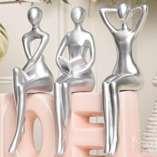 Quoowiit Thinker Statue Office Desk Decor, Silver Art Sculpture Ornament Coffee Table Bookshelf Decor Modern Home Unique Home Decorations for Living Room 3 Piece - Image 6