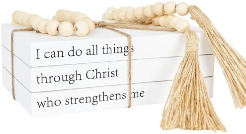 Decorative Books for Home Decor, White Faux Books for Decoration, Rustic Farmhouse Stacked Books with 52in Wood Bead Garland for Coffee Table Mantle Fireplace (I can do All Things Through Christ) by OMISHE