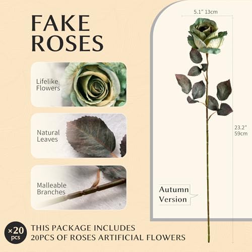 Artificial Roses Fake Roses 20PCS Long Stem Artificial Flowers for Tall Vase Silk Rose Suitable for Indoor Halloween Gothic Decor Wedding Party Decoration DIY Bouquet Autumn,(23.2In,Green) - Image 2