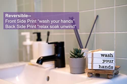 Farmhouse Mini Bookstack for Bathroom Decor Wooden Books for Restroom Shelf Decorative Accent for Guest Bathroom Sign, 2 Signs in 1 Reversible - Wash Your Hands/Relax Soak Unwind - Image 5