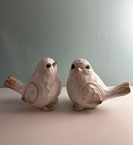 KiaoTime Farmhouse Bird Decor Resin Bird Figurines - Set of 2, Vintage & Modern Bird Decor Statue for Home Decor Accents, Cottage Bird Ornaments Decoration New White Carved Rustic Bird Figurine - Image 5
