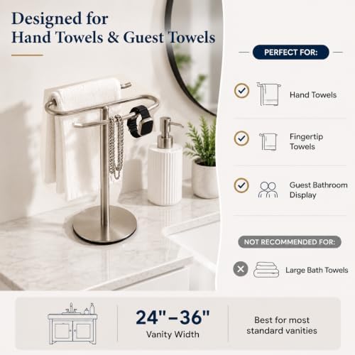 Brushed Nickel Hand Towel Holder Stand,13 Inch Tall Free-Standing Towel Rack, SUS304 Stainless Steel Towel Bar Rack Stand, Tower Bar for Bathroom Kitchen Vanity Countertop… - Image 2