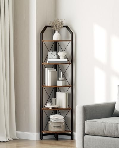 CHOEZON 59.4" Corner Shelf, 5-Tier Industrial Corner Bookshelf, Corner Storage Stand, Plant Stand Display Shelf, Bookcase for Bedroom, Living Room, Home Office, Rustic Brown and Black TCJ10BF - Image 4