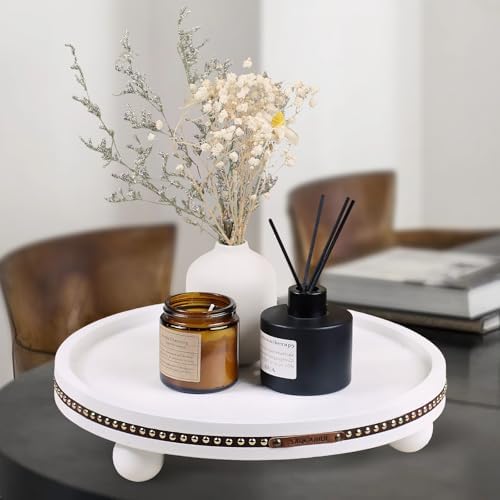 Round Wooden Decorative Tray Coffee Table Tray Home Decor 11.8" White - Image 2
