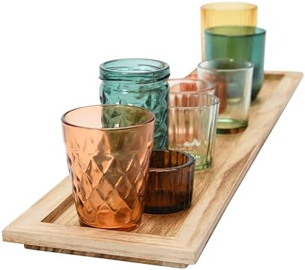 Creative Co-Op Round Glass Votive Holders on Wood Tray, Multicolor, Set of 9 - Image 7