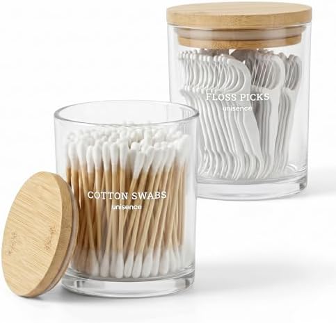 2 Pack Glass Qtip Holder Dispenser Set - Q Tip Holder for Bathroom Canister Qtip Dispenser with Lid for Cotton Balls, Swabs, Floss Picks, and Makeup Sponges ,Transparent,Large Capacity by unisence
