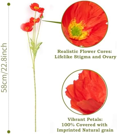 Artificial Poppies, Red Silk Poppies Artificial Flowers - 24x Blooming California Poppy Flower Artificial Plus 8X Buds for Home Decoration, RDRD8 - Image 2