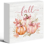 Fall Pink Bow White Orange Pumpkin Wood Box Sign Desk Decor 5X5 by Luipk