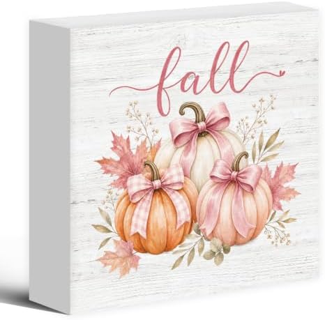 Fall Pink Bow White Orange Pumpkin Wood Box Sign Desk Decor 5X5 by Luipk