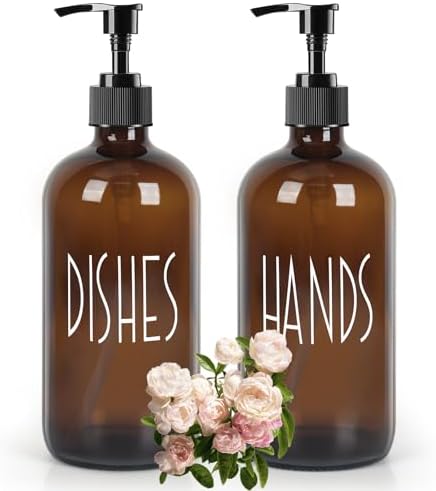 Dish Soap Dispenser with Plastic Pump for Kitchen - 16 OZ Glass Hand Soap Dispenser Set - Kitchen Bathroom Decor and Accessories (Dark Brown) by Ulable