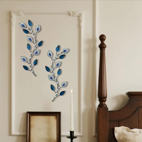 sxnzequnze 2 Set Metal Tree Leaf Wall Art for Home Decor Living Room Bedroom Dining Room Bling Rhinestone, 3D, Iron Branch Hanging Leaf Sculpture Art Pieces -Navy blue 16.5in*6.7in - Image 6
