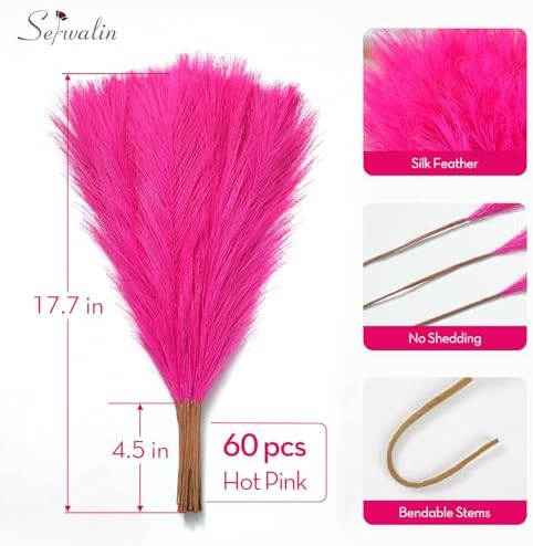 Serwalin 60PCS 17.7" Hot Pink Pampas Grass Decor Feathers Vase Filler Decor - Image 6