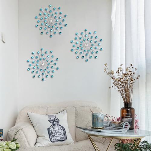 DXYAKY Set of 3 Modern Starburst Wall Decor, Metal Wall Sculpture with Crystal Accents, Blue 3D Wall Art for Living Room, Bedroom & Home, Elegant Hanging Wall Decoration - Image 6