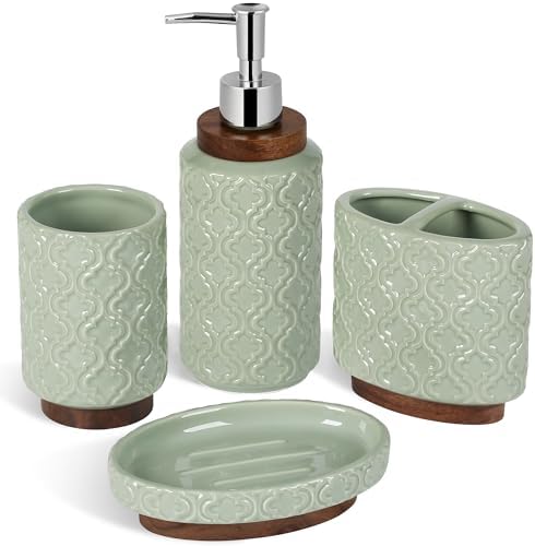 RQYIXI Ceramic Bathroom Accessories Set,Sage Green,4 Piece,Embossed Design by RQYIXI