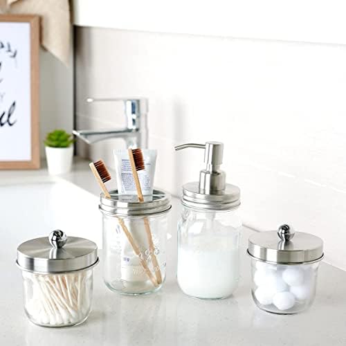 Amolliar Mason Jar Bathroom Accessories Set(4 Pack) - Lotion Soap Dispenser&Qtip Holder Set&Toothbrush Holder-Rustic Farmhouse Decor Apothecary Jar Bathroom Countertop,Vanity Organize (Brushed Nickel) - Image 6