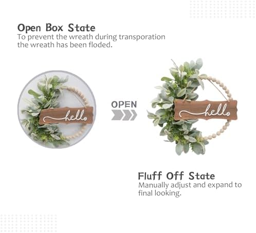 Green Wreath for Front Door, Wood Bead Wreaths with Artificial Lambs Ears Leaves, Hello and Welcome Door Sign Wreath for Home Decor, Spring Summer Green Leaf for Wedding Decor - Image 4
