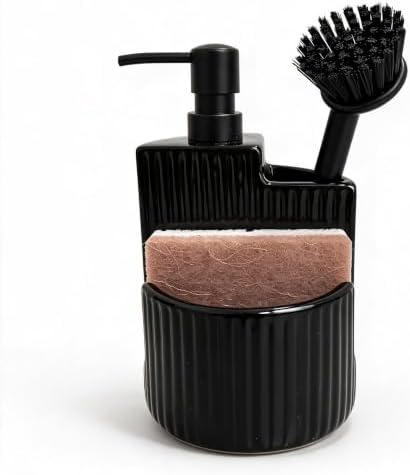 RQYIXI 3-in-1 Ceramic Round Soap Dispenser with Sponge Holder,Black,18 Oz by RQYIXI