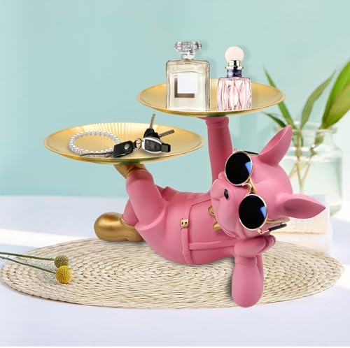Huhote Resin French Bulldog Tray Statue, Lying Bulldog Candy Dish Key Holder Bowl, French Bulldog Accessories, Statues for Office Desk Home Decor Figurines Entryway Table Decor (Pink) - Image 6