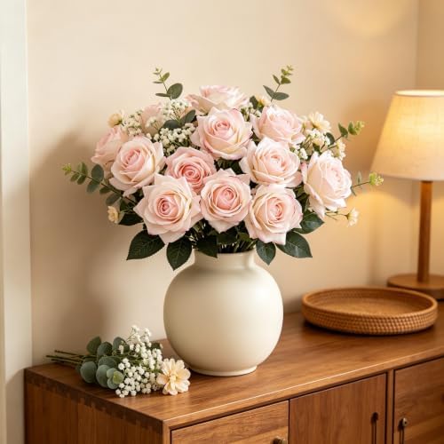 Kimura's Cabin 12pcs Real Touch Rose Artificial Flower Long Stem,Light Pink - Image 3