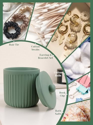 INGOFIN 4 Pcs Ceramic Bathroom Accessory Set - Liquid Soap Dispenser, Toothbrush Holder,Contain Cotton Swab Jar & Soap Dish,Countertop Accessories for Home, Guest Bathroom, Office, Matte Green - Image 5