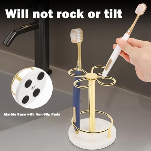 Toothbrush Holder Stand for Bathroom, Metal Toothbrush Organizer with Marble Base, Toothbrush Storage Collection for Family, Suitable for Home Hotel Countertop Vanity (Small, Gold) - Image 4