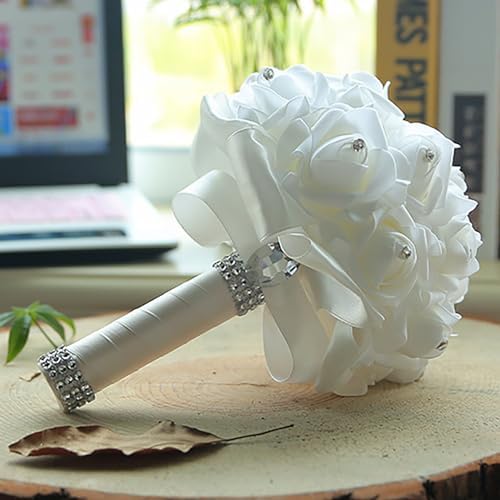 Wedding Bouquets for Bride, Bridal Flowers for Wedding, Bride Bridesmaid Hand Flowers Bridal Bouquet Crystal Diamond Silk Roses, Artificial Flowers Bouquet for Church Wedding Party (White) - Image 7