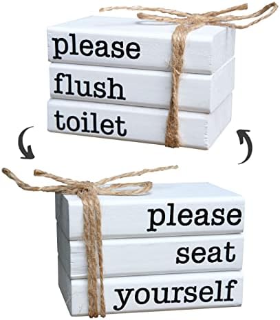 Farmhouse Mini Bathroom Sign Decor Funny Wooden Book Stack for Bathroom Tray Decor Bathroom Shelf Sitter 2 Signs in 1 Reversible Mini Book Set of 3 for Restroom Wooden Rustic Sign by LIVDUCOT