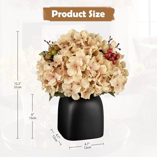 Briful Hydrangea Artificial Flowers in Ceramic Black Vase, Beige Silk Hydrangea Centerpieces for Tables, Realistic Dining Table Vase with Flowers for Farmhouse Home Decor Indoor - Image 2
