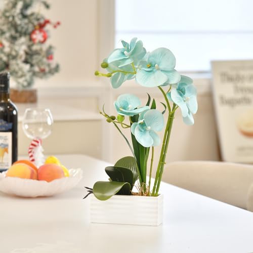 Artificial Real Touch Orchid Flowers with White Ceramic Vase, Golden Blue - Image 4