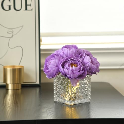 Artificial Peony Silk Flower Centerpieces with LED Light Faux Floral Arrangement in Glass Vase for Home Wedding Table Decoration (Purple) - Image 4