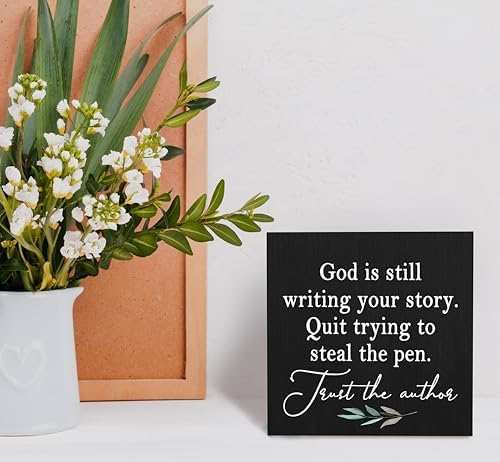 SRADMO God Is Still Writing Your Story Wood Box Sign Desk Decor 6x6, Christian Bible Verse Decor Black Wooden Box for Home Office, Inspirational Table Decorative Accessories (Black) - Image 2